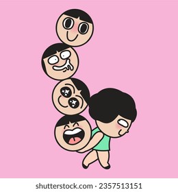 Happy Girl Carrying Only Happy Head With Positive Emotions On Her Back Concept Card Character illustration