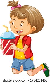 Happy girl cartoon character holding a drink plastic cup illustration