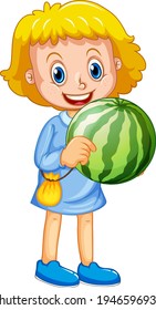 Happy girl cartoon character holding a watermelon illustration