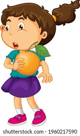 Happy girl cartoon character holding an orange illustration