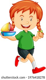 Happy girl cartoon character holding a toy ship illustration