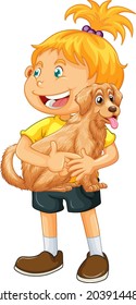 Happy girl cartoon character hugging a cute dog illustration