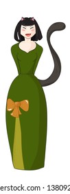 Happy girl cat in a green dress. Cartoon vector illustration.