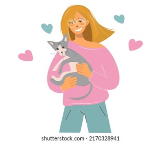 Happy girl with a cat in her arms. The blonde hugs the Sphynx pet. Portrait of a cat lover. Vector isolated illustration in flat style for design card, poster, print on fabric, paper. Animal care.