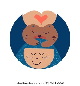 Happy Girl with Cat. Kid love own feline Pet. Simple Geometric Sketch Vector Illustration