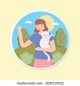 happy girl with cat pet cartoon