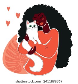 Happy girl with cat. Vector illustration woman holding cat, woman with dark hair dark skin cuddle holding a white cat