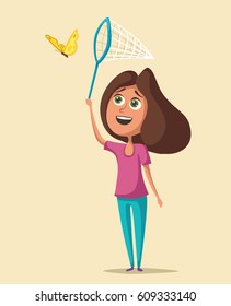 Happy girl catching butterflies. Cartoon vector illustration