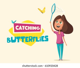 Happy girl catching butterflies. Cartoon vector illustration. Kid character. Hobby and game.