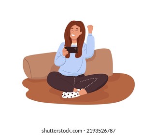 Happy girl celebrate online victory in game, holding smartphone in hand. Young smiling woman winner with mobile phone rejoicing fortune, luck, win. Flat cartoon vector illustration on white background
