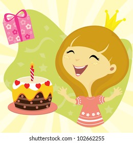happy girl celebrating birthday with birthday cake and gift