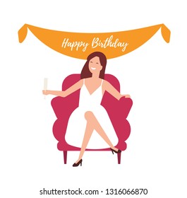 Happy girl celebrating birthday isolated on white background. Joyful young woman in elegant dress sitting in armchair, holding glass and drinking champagne. Vector illustration in flat cartoon style.