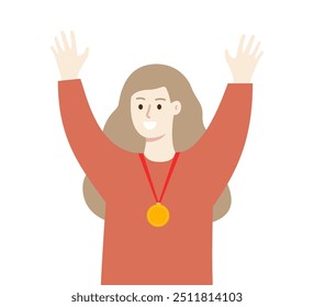 Campeona de niña feliz galardonada con medalla de oro. La mujer gana la competencia. Logro de la meta, éxito, celebración, concepto de victoria. Ilustración de diseño de personaje de Vector plano.