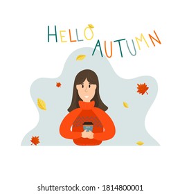 Happy girl or character with a Cup of hot coffee in her hands. Autumn concept. Leaf fall Cozy warm autumn