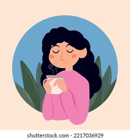 Happy girl character drinking a hot coffee Hygge scenario Vector