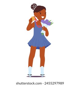 Happy Girl Character With A Hairstyle And Blue Dress Holding A Bouquet Of Flowers And A Medal. Her Gesture Is Joyful As She Winning Figure Skating Competition. Cartoon People Vector Illustration