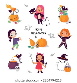 Happy Girl Character at Halloween Party Celebration Vector Illustration Set