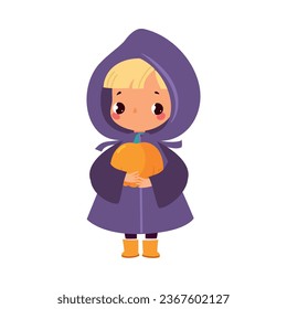 Happy Girl Character at Halloween Party Celebration Costume with Pumpkin Vector Illustration