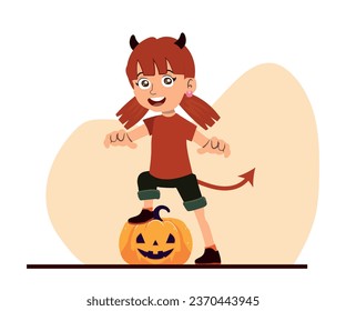 Happy girl character at Halloween party celebration in devil costume vector illustration.