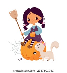 Happy Girl Character at Halloween Sit on Pumpkin with Broom and Cat Vector Illustration