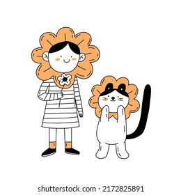 Happy girl character with her pet cat with flowers hand drawn outline illustration in doodle style. World cat day concept.
