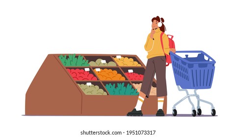 Happy Girl Character Making Purchases in Store, Woman Choose Products on Shop Shelf Put in Shopping Cart. Customer Buying Food in Supermarket, Visiting Grocery Store. Cartoon Vector Illustration