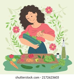 Happy girl character making a salad Vegan lifestyle Vector