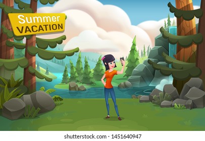 Happy girl character making selfie on nature background with mountains, forest, fields, river and waterfall. Vector illustration of summer time.