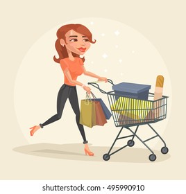 Happy girl character with purchases. Shopping discount sale banner. Vector flat cartoon illustration