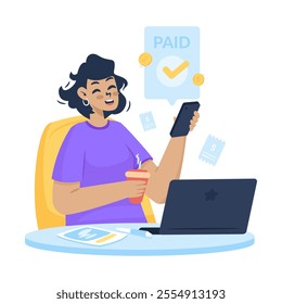 Happy girl character receiving payment, Creative freelancer get project payment, Vector illustration