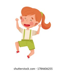 Happy Girl Character with Red Hair Jumping High with Joy and Excitement Vector Illustration