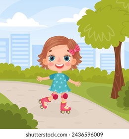 Happy Girl Character Ride Roller Skates Outdoor Do Sport Vector Illustration