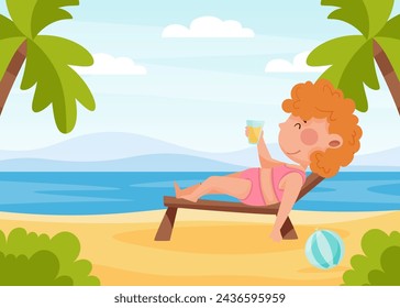 Happy Girl Character at Sea Lounge in Deck Chair Enjoy Beach Vacation Vector Illustration