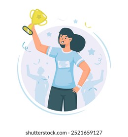 Happy girl character successful lifts the trophy, Cup winner reward competition celebration, Vector illustration