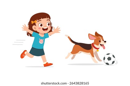 Menina feliz perseguindo um cão beagle jogando com uma bola de futebol em um estilo de desenho animado divertido