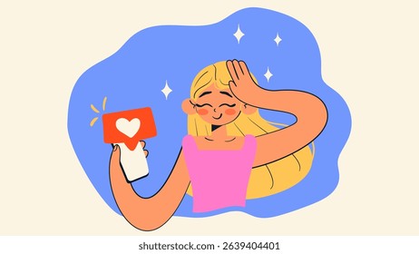Happy girl check likes on social media. Blogging, content creator concept. Cartoon isolated vector illustration.
