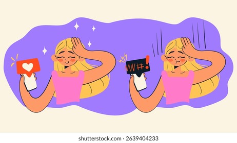 Happy girl check likes and receives negative comments on social media. Blogging, content creator concept. Cartoon isolated vector illustration.