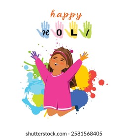 Happy girl cheerfully throwing colorful powder during Holi, Festive vector illustration of a child celebrating Holi