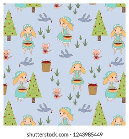 happy girl and cherry tree pattern