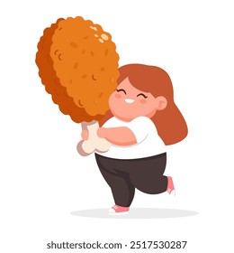 Happy Girl Child Enjoying Giant Fried Chicken Drumstick