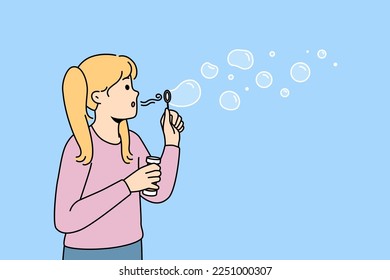 Happy girl child have fun blowing soap bubbles. Smiling kid blow soapsuds. Childhood game activity outdoors. Vector illustration. 