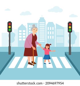 Happy Girl Child Helping Grandmother Crossing Street In Flat Design. Kids Assist Senior Woman At Crosswalk Concept Vector Illustration.