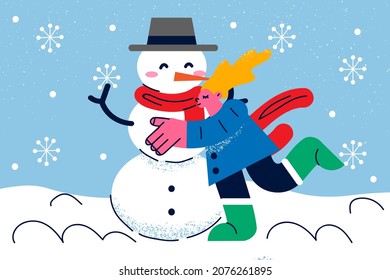 Happy girl child hug huge snowman play outdoor on winter holidays. Smiling kid engaged in funny game on vacation outside. Recreation concept. Playful childhood. Flat vector illustration. 