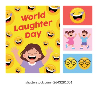 Happy Girl Child Laughing Emojis Yellow Background World Laughter Day Social Media Post