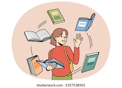 Happy girl child reading book fond of novel or fairytale. Smiling kid booklover engaged in literature. Education and knowledge. Vector illustration.