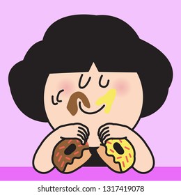 A Happy Girl With Chocolate And Yellow Icing Around Mouth Sits At Her Desk Eating Chocolate And Yellow Glazed Donut Sprinkles. Concept Of Sweet Tooth Person Card Character illustration
