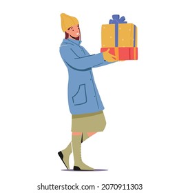 Happy Girl with Christmas Giftboxes, Female Character Holding Presents for Winter Holidays Celebration. Festive Event with Gifts and Greetings Isolated on White Background. Cartoon Vector Illustration