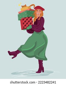 happy girl with christmas gifts and cat