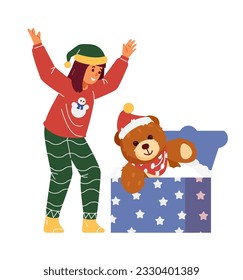 Happy girl in Christmas outfit opening big gift box with teddy bear flat vector illustration isolated on white. New year surprise.