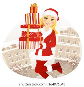 Happy girl with Christmas presents on the winter street